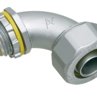 Straight, zinc die-cast connector for use with metallic or non metallic liquid tight conduit type B only. 1-1/4" Trade Size. 90 degrees. With Insulated throat.