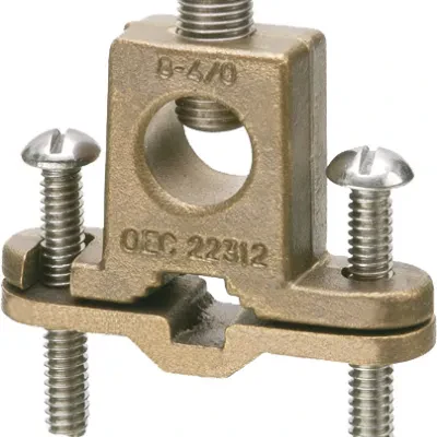 Solid Bronze with stainless steel screws, bare wire ground clamp with box style lug. pipe size - 3/8" to 1", Wire Size - #8 to 4/0. Approved for direct burial on rebar pipe, tubing...