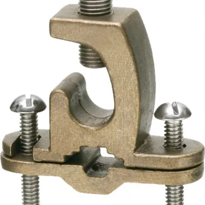 Solid Bronze with stainless steel screws, bare wire ground clamp with lay-in lug. pipe size - 3/8" to 1", Wire Size - #8 to 4/0. Approved for direct burial on rebar pipe, tubing an...