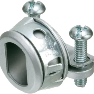 Zinc die-cast, 1/2" knockout 2-screw cable connector for steel and aluminum jacketed cables. Snaps into knockout with spring steel clip. Concrete tight when taped.