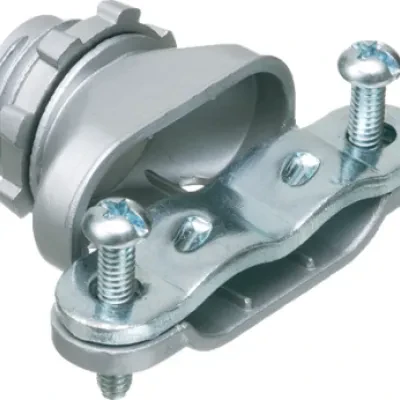 Zinc die-cast, single screw duplex connector with steel strap and is secured into a 1/2" knockout by a locknut. Concrete tight when taped.