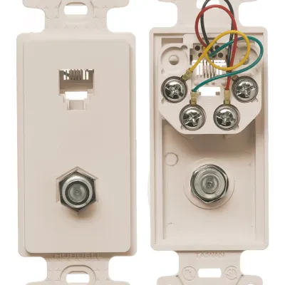 Hubbell Premise Wiring Products, Plate Frame with 1) Coax FConnectorsand 1) 6-Position 6-Conductor Jack, Screw Terminal, LightAlmond