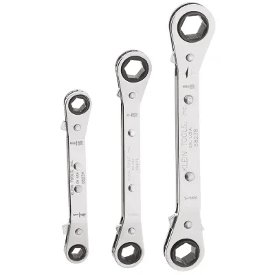 Reversible Ratcheting Box Wrench Set, 3-Piece, Set of three offset and fully reversible ratcheting box wrenches: 1/4 x 5/16-Inch, 3/8 x 7/16-Inch, 1/2 x 9/16-Inch