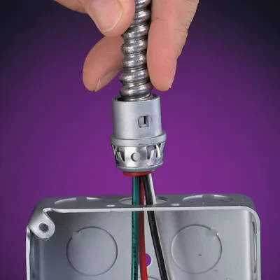 Zinc die-cast, 1/2" Knockout MC cable connector snaps quickly on to the conduit with an internal spring steel clip and then snaps into knockout with an external spring steel clip,...