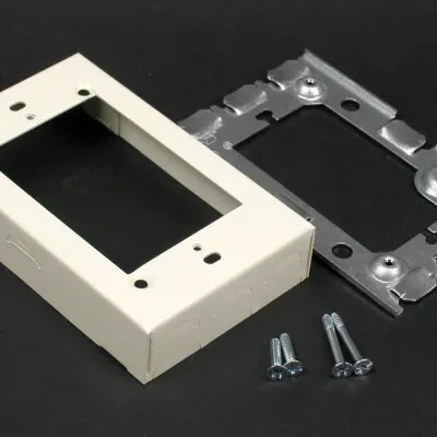For extensions from existing flush switch and receptacle boxes. Larger gang boxes available by special order. Single-gang: 4 5/8" L x 2 7/8" W (117mm x 73mm). Ivory