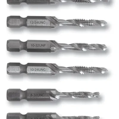 Combination Drill/Tap Bits.  10-32NF.  Complete hole drilling, tapping and deburring/countersinking in one operation with power drill saves labor and time.  Back tapered beyond tap...