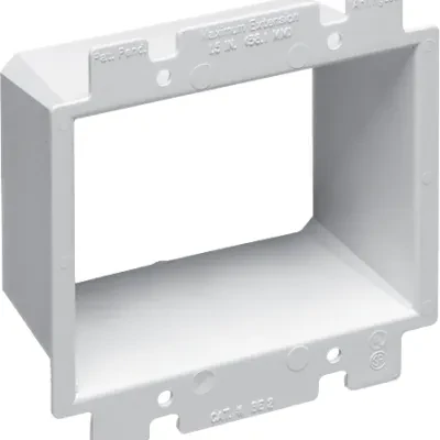 Box Extender, levels and supports the wiring device where the box is set back from the wall surface extends the box up to an 1-1/2. 2 hour fire rating. Two gang.