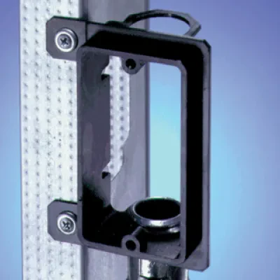 Low voltage bracket for new construction. Mounts vertical on wood or metal studs. Non Metallic. Single Gang. For class 2 low voltage wiring. Built in 3/4" Knockout.