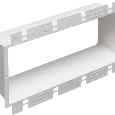 Box Extender, levels and supports the wiring device where the box is set back from the wall surface extends the box up to an 1-1/2. 2 hour fire rating. four gang.