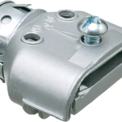 Zinc die-cast, single screw duplex connector snaps into 1/2" knockout with an external spring steel clip. Concrete tight when taped.