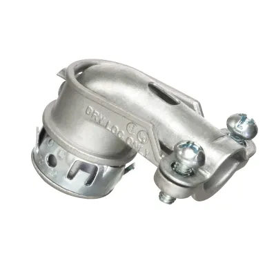 Zinc die-cast, 90 degree angle cable connector for aluminum and steel cable. Concrete tight when taped. Snaps into Knockout with spring steel clip. 2 screw clamp type.
