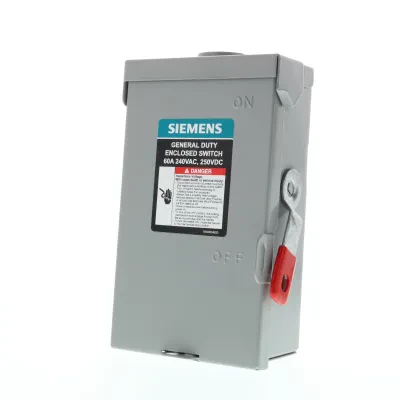 SIEMENS LOW VOLTAGE VBII DOUBLE-BREAK ENCLOSED SAFETY SWITCH. SERIES A 3-POLE 3-WIRE NON-FUSED GENERAL DUTY SWITCH. RATED 240V 60A. SPECIAL FEATURES NEMA TYPE 3R OUTDOOR ENCLOSURE.