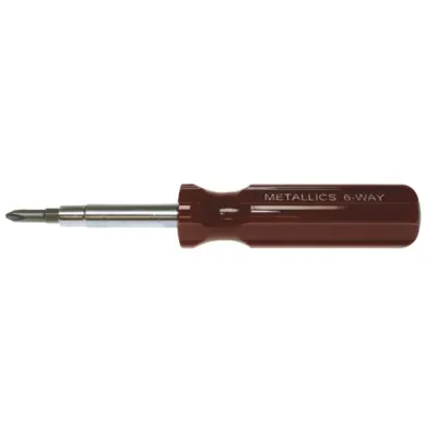 Six-Way Screwdriver, Heavy Duty Plastic handle, Black with Gold Print handle color, Phillips, Slotted, Hex tip type, #1, #2 (Square Bit), #1, #2 (Phillips Bit), 5/16 IN, 1/4 IN(Hex...