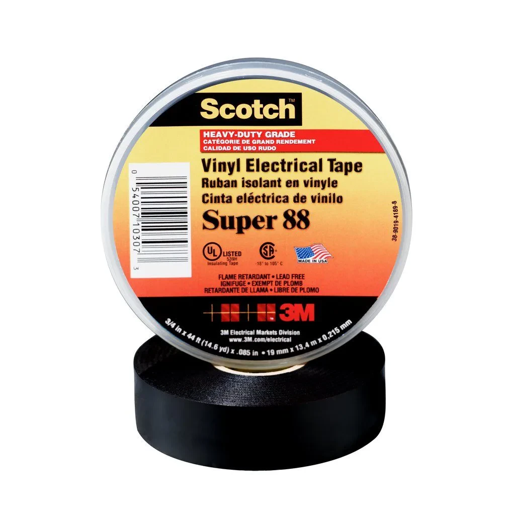 Scotch® Vinyl Electrical Tape Super 88 is an 8.5 mil thick, premium grade, all weather tape that is designed to provide a protective jacket and primary electrical insulation for sp...