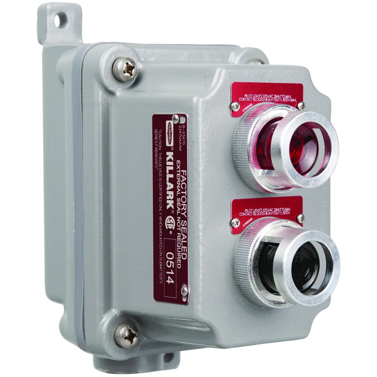 FXCS SERIES - ALUMINUM DEAD-END DOUBLE 120V PILOT LIGHT CONTROL STATION- FACTORY SEALED - RED LENS AND GREEN LENS WITH NAMEPLATES TO BESPECIFIED - HUB SIZE 3/4 INCH