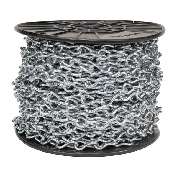 MADISON, JACK CHAIN-PLTD 100FT / ROLL JACK CHAIN - REEL BRIGHT STEEL, ZINC PLATED, 12 GAUGE, 29 LB. MAXIMUM STEEL, ZINC PLATED WIDTH = 100/ROLL MAX. REC. LOAD = 29 LBS.