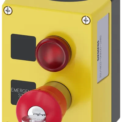 Enclosure for command devices. 22mm. round. enclosure material plastic. enclosure top part yellow. 2 command points plastic. b=indicator light red. led 6-24v. screw terminal. label...