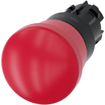 Emergency stop mushroom pushbutton. 22 mm. round. plastic. red. 40mm. positive latching. pull-to-unlatch mechanism. with laser labeling. upper case and lower case. always upper cas...