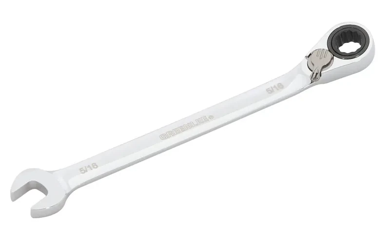 Combination Ratcheting Wrench, 5/16".  Compact reversible switch allows a 15° offset of the box end for clearance of obstacles.  5° ratcheting design for versatility and ease of us...
