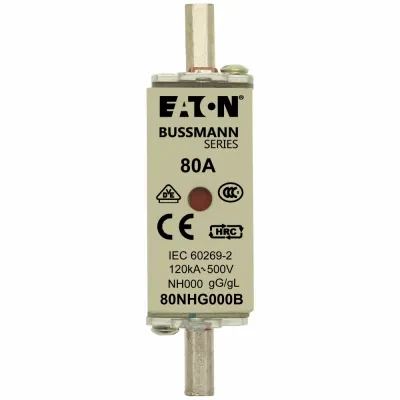 Eaton Bussmann series low voltage NH Fuse, Live gripping lug, 500V, 80A, 120 kAIC, Combination fuse status indicator, Blade end connection, Class C gL/gG, Square-body with knife bl...
