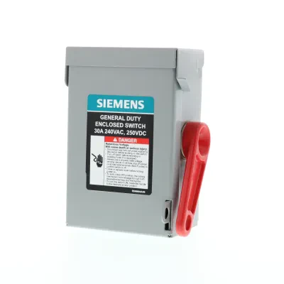 SIEMENS LOW VOLTAGE VBII DOUBLE-BREAK ENCLOSED SAFETY SWITCH. SERIES A 2-POLE 2-WIRE NON-FUSED GENERAL DUTY SWITCH. RATED 240V 30A. SPECIAL FEATURES NEMA TYPE 1 INDOOR ENCLOSURE.