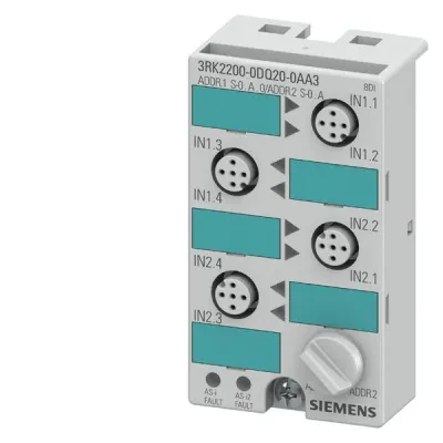 As-i compact module k45. a/b-slave. IP67. digital. 8 inputs. 8 x 1 input. max. 200ma. pnp. 4 x m12-socket y-assignment mounting plate 3rk19012ea00 or 3rk19012da00 to be ordered sep...