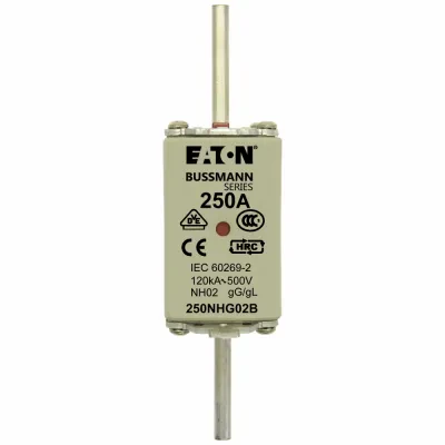 Eaton Bussmann series low voltage NH Fuse, Live gripping lug, 500V, 250A, 120 kAIC, Combination fuse status indicator, Blade end connection, Class C gL/gG, Square-body with knife b...