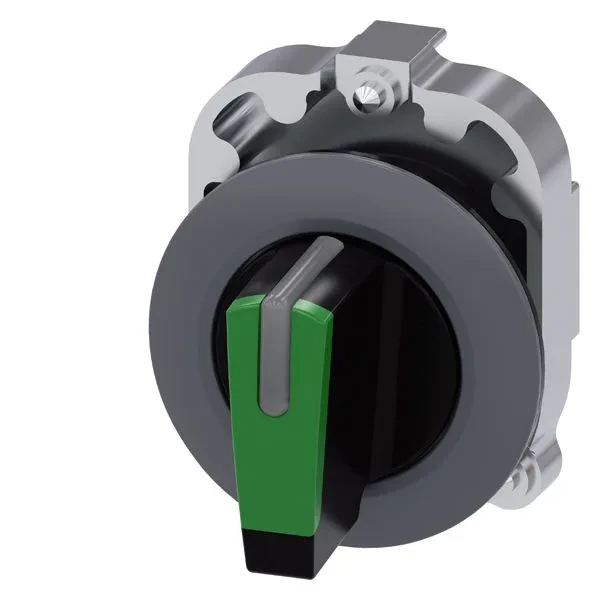 Selector switch, can be illum., 30mm, round, metal, matt, green, short selectorswitch, front ring for flat install., latching, actuating angle 2x45 deg., 10 30h/12h/13 30h