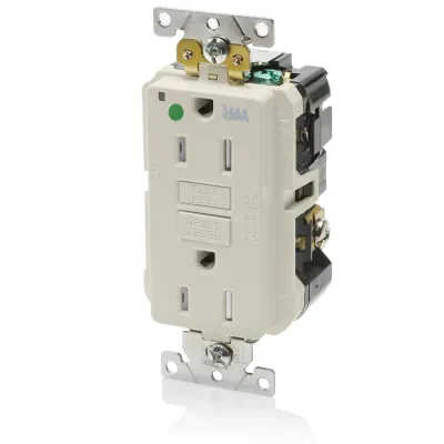 15 Amp, 125 Volt, SmartlockPro Self-Test GFCI Duplex Receptacle , NEMA 5-15R, 2P, 3W, Extra-Heavy Duty Hospital Grade, Weather & Tamper-Resistant, 20A Feed-Through, Back or Side Wi...