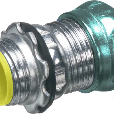 Steel EMT compression connector. concrete tight and rain tight. Trade Size 1-1/2". Insulated Throat.