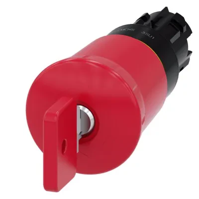 Em. stop mushroom pushbutton, 22mm, round, plastic, red, 40mm, with o.m.r. lock, lock no. 73037, positive latching, key-operated release