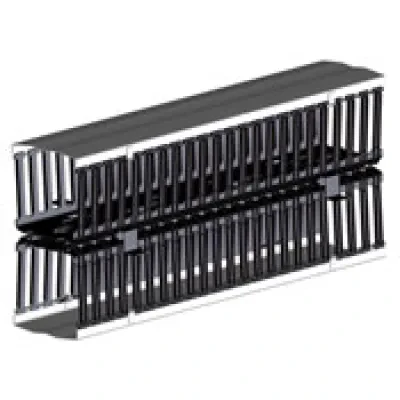 Vertical Front and Rear Cable Management, 8" Channel x 80" Long. Black Hinge Cover.