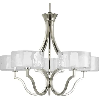 Five-light chandelier. Caress features a chic, sophisticated five-light chandelier featuring a Polished Nickel metal frame with layered glass diffusers to cast a glimmering light....
