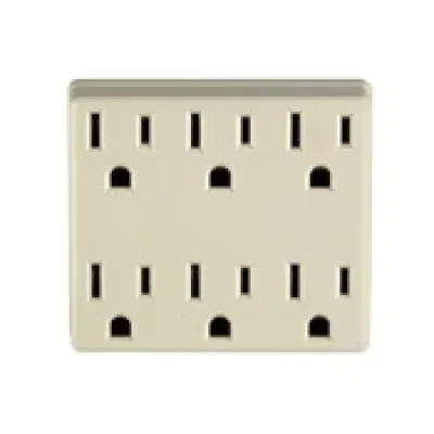 3 Wire 15A/125-Volt 6 Outlet Grounding Adapter, Ivory