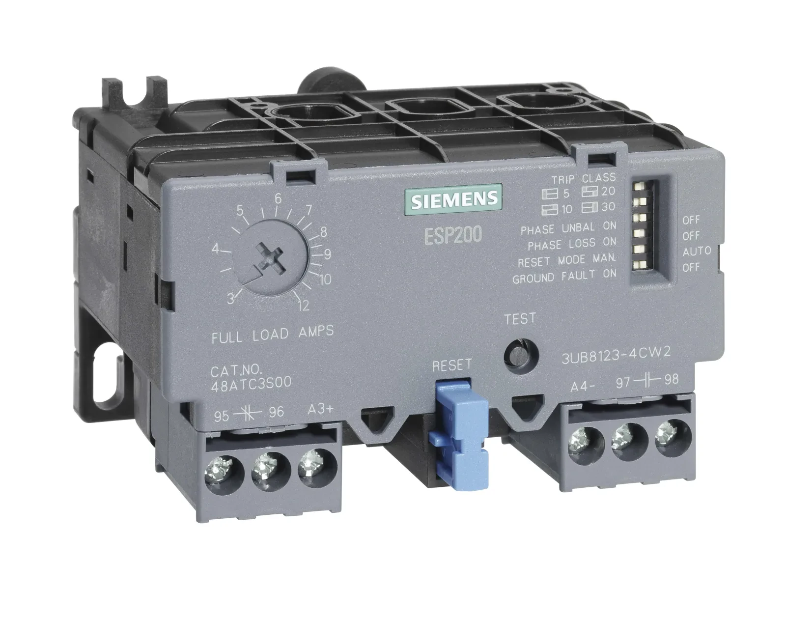 Esp200 catalog no 48atc3s00 solid state overload relay for motor protection 3 to 12 amp size a1, 3 phase class 5...30, switchable direct mounting and stand-alone main circuit windows auxiliary circuit scrw terminal manual automatic reset