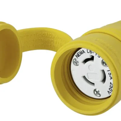 Watertight Devices, Locking Devices, Elastomeric, Female Connector Body, 15A 250V, 2-Pole 3-Wire Grounding, L6-15R, Screw Terminal, Yellow, Water/Dust-Tight Housing