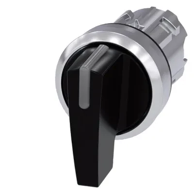 Selector switch. can be illum.. 22mm. round. metal. shiny. black. long selectorswitch. 3 switch positions i-o-ii. latching. actuating angle 2x45 deg.. 10 30h/12h/13 30h