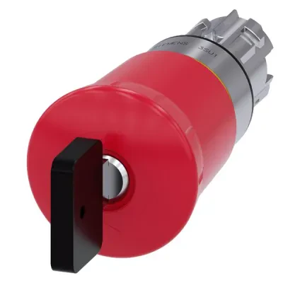 EM. STOP MUSHROOM PUSHBUTTON, 22MM, ROUND, METAL, SHINY, RED, 40MM, WITH CES LOCK, LOCK NO. VL1, POSITIVE LATCHING, KEY-OPERATED RELEASE