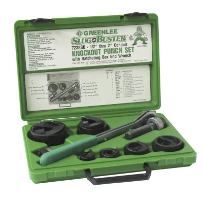 Slug-Buster® punch and die set 1/2"-2".  New Greenlee high-leverage wrench with five-degree ratcheting mechanism, Slug-Buster® punch profile splits slugs for easy slug removal. Knu...