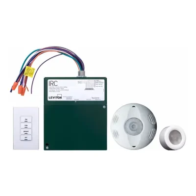 IRC Dimming Room Control Kit. Includes Low Voltage devices. 2 Zone Room Controller w/(2) 0-10V outputs and (2) 347V relays. M/T Occupancy Sensor (OSC10-M0W). 4 Button Switch (RLVSW...