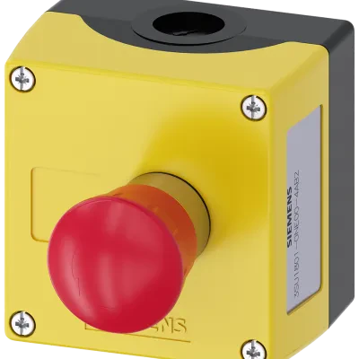 Enclosure for command devices 22 mm. round. Enclosure material plastic. Enclosure top part yellow. 1 control point. A=EMERGENCY STOP mushroom pushbutton red. metal. 40 mm. rotate-t...