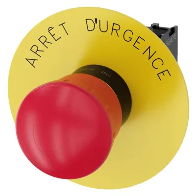 EM. STOP MUSHROOM PUSHBUTTON, 22MM, ROUND, PLASTIC, RED, 40MM, LATCHING, POSITIVE LATCHING, ROTATE TO UNLATCH, WITH YELLOW BACKING PLATE, INSCRIPTION ARRET D URGENCE, WITH HOLDER,...
