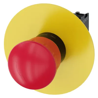 Em. stop mushroom pushbutton, 22mm, round, plastic, red, 40mm, latching, positive latching, rotate to unlatch, with yellow backing plate, without inscription, with holder, 1NC, scr...