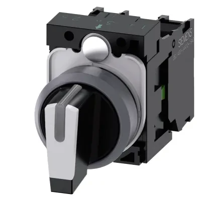 Selector switch, can be illum., 22mm, round, plastic with metal front ring, black, white, short selector switch, 3 switch positions i-o-ii, momentary contact type, actuating angle...