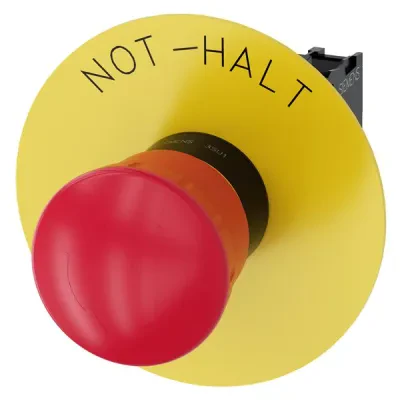 Em. stop mushroom pushbutton, 22mm, round, plastic, red, 40mm, latching, positive latching, rotate to unlatch, with yellow backing plate, inscription not-halt,with holder, 1NC, scr...