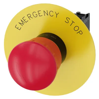 Em. stop mushroom pushbutton, 22mm, round, plastic, red, 40mm, latching, positive latching, rotate to unlatch, with yellow backing plate, inscription emergencystop, with holder, 1N...