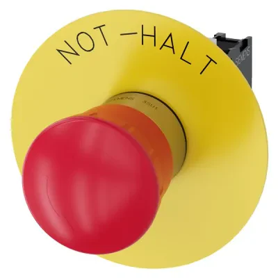 Em. stop mushroom pushbutton, 22mm, round, metal, shiny, red, 40mm, latching, rotate to unlatch, with yellow backing plate, inscription not-halt, with holder, 1NC, screw terminal