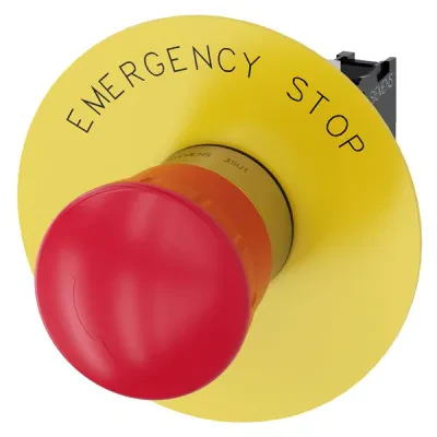 Em. stop mushroom pushbutton, 22mm, round, metal, shiny, red, 40mm, latching, rotate to unlatch, with yellow backing plate, inscription emergency stop, with holder, 1NC, screw term...