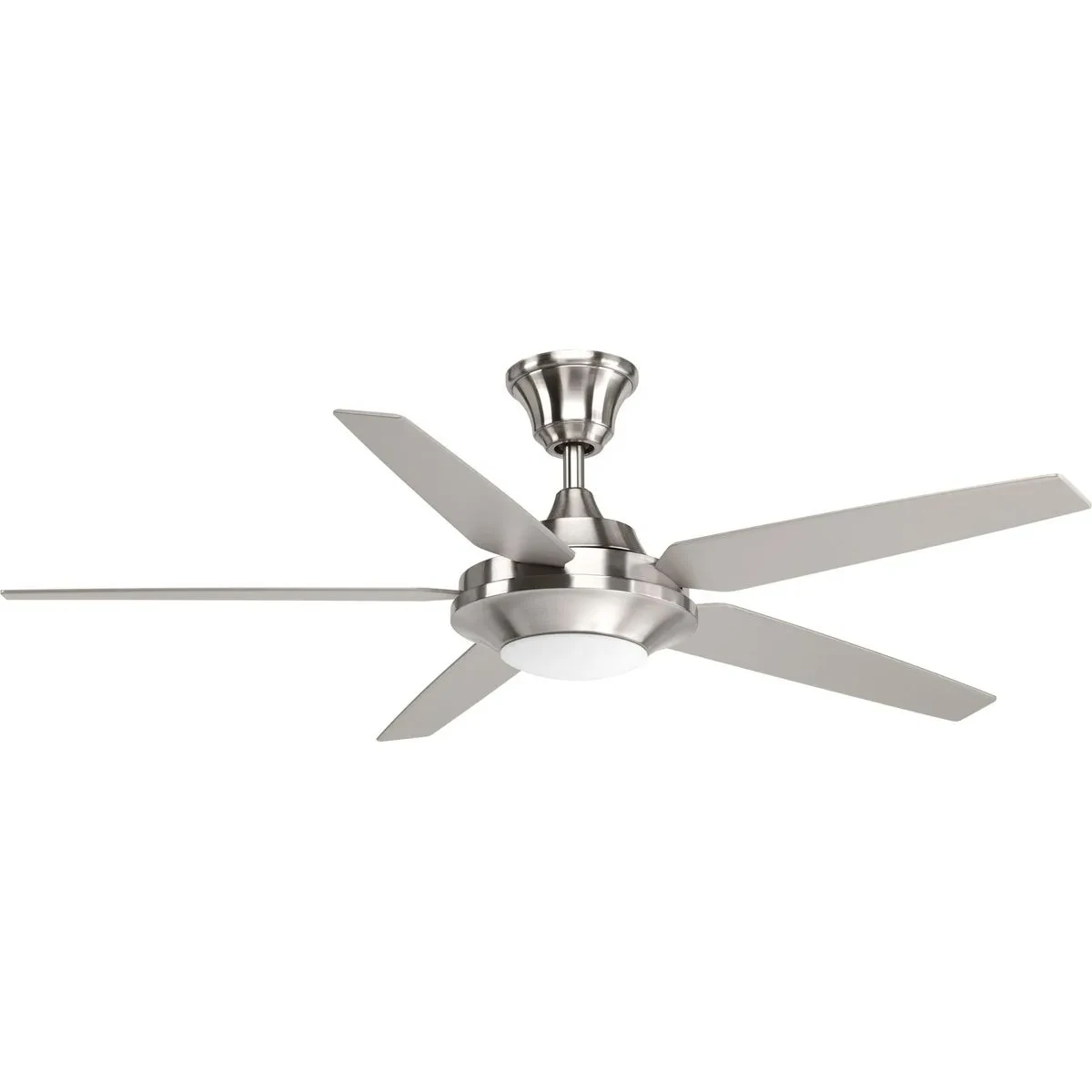 Five-blade 54 inch Signature Plus II ceiling fan with five reversible blades in silver and driftwood. The LED light source, offering both form and function with energy- and cost-sa...